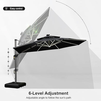 PURPLE LEAF 12ft Solar powered LED Patio Umbrella Outdoor Round Umbrella Large Cantilever Umbrellas with LED lights Windproof Offset Umbrellas Heavy Duty Sun Umbrella for Garden Deck Pool Patio, Grey