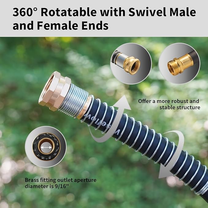 WiseFlow Garden Hose 25FT x 3/4", Heavy Duty Rubber Hose, Water Hose with Five Layered Braiding, Male Female Fittings, 1000PSI Burst, 300PSI Working (Black)