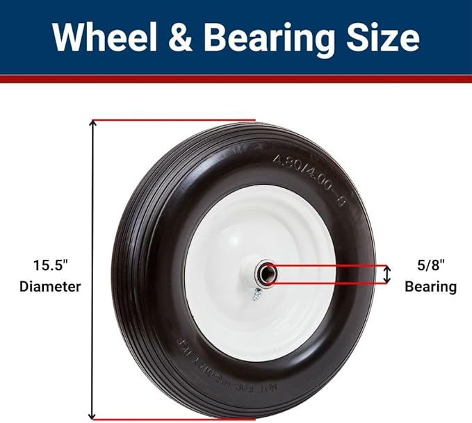 16" Flat Free Wheelbarrow Tire | Replacement Wheel for Wheelbarrow, Trailer, Wagon | Durable Wheel with 4" to 6" Hub | Compatible with 6" Hub with Spacers | 5/8" Bearing | Lapp Wheels