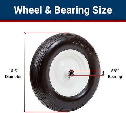 16" Flat Free Wheelbarrow Tire | Replacement Wheel for Wheelbarrow, Trailer, Wagon | Durable Wheel with 4" to 6" Hub | Compatible with 6" Hub with Spacers | 5/8" Bearing | Lapp Wheels