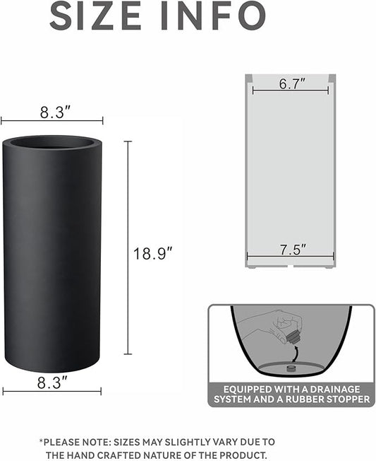 Kante 18.9 Inch Tall Cylindrical Planter, Large Round Plant Pots with Drainage Hole, Made with Concrete, Suitable for Indoor Outdoor Plants, Home Decor, Black