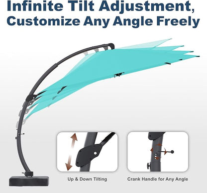 11FT Cantilever Umbrella with Base Large Curvy Outdoor Aluminum Offset Umbrella w/ 360° Rotation, UV Resistant Canopy for Patio, Garden, Backyard, Aqua Blue
