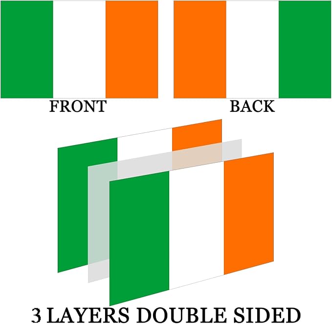 Double Sided Irish Flag 2x3 Outdoor Heavy Duty- 3Ply 240D 4 Rows Stitched- Ireland 2x3 Flag- UV Fade Resistant With Canvas Header & 2 Brass Grommets