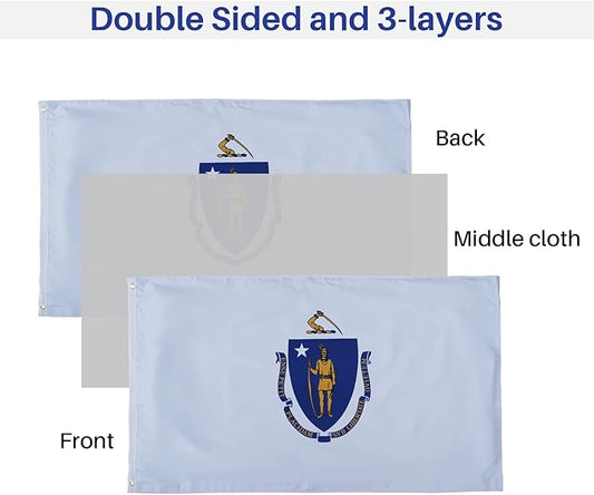 Bradford Massachusetts Flag 3x5 ft Outdoor, Double Sided MA State Flag 3 Layer, Vivid Color MA Flag with 2 Brass Grommets for House Room Decoration