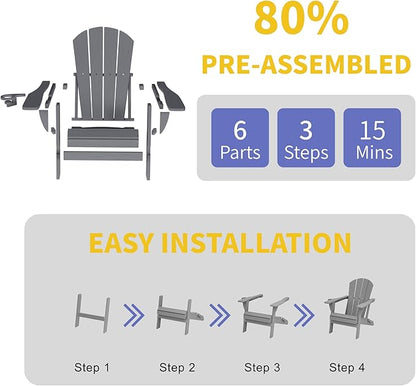 Kingdura Foldable Adirondack Chair, Portable HDPE All Weather Resistant Outdoor Patio Chair, Wooden Textured with Cup Holder, 380LBS Capacity for Poolside, Backyard, Deck, Fire Pit (Grey)