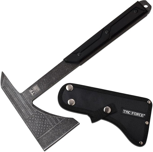 TAC-FORCE Tomahawk – Axe - Stonewash Finish Stainless Steel Blade w/Etched U.S.A. Flag, Black Wood Handle, Full Tang Construction, Includes Nylon Sheath, Tactical, EDC, Rescue - TF-AXE001SW