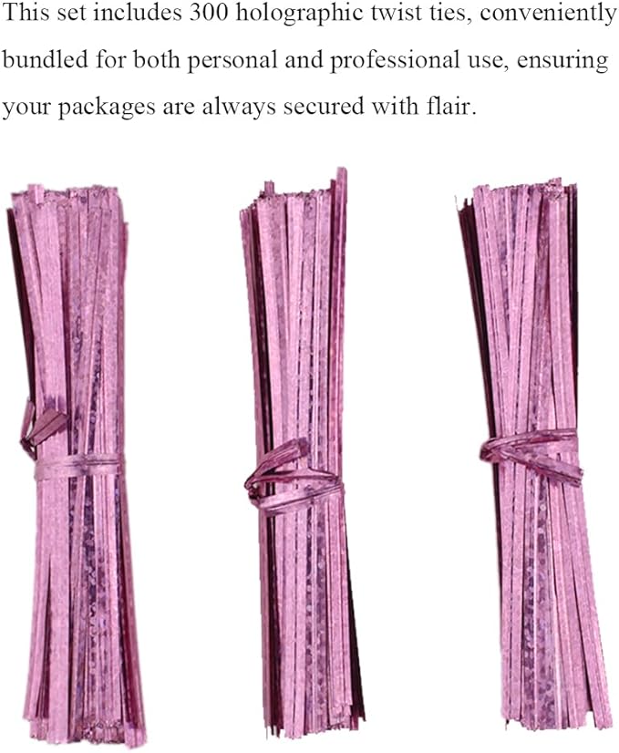HAHIYO 300Pcs 4inches Holographic Pink Metal Twist Ties Bread Candy Coffee Bag Ties Plant Garden Twist Ties for Cellophane Treat Bags Gift Wraping Bags Plastic Bags Party Cake Present Art Crafts