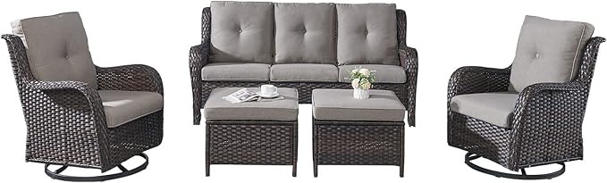 Rilyson 5 Piece Outdoor Patio Furniture Set - Rattan Wicker Patio Conversation Sets with 2 Swivel Rocker Chairs,2 Ottomans and 1 Sofa for Outside Porch Deck Backyard(Brown/Grey)