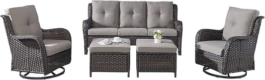Rilyson 5 Piece Outdoor Patio Furniture Set - Rattan Wicker Patio Conversation Sets with 2 Swivel Rocker Chairs,2 Ottomans and 1 Sofa for Outside Porch Deck Backyard(Brown/Grey)