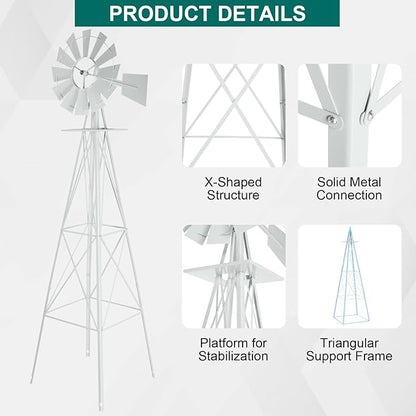 Garden Windmill for Yard Decor, 8 ft Tall Metal Windmill with Spinning Blades, Weather-Resistant Outdoor Windmill for Lawn, Farmhouse, Rustic & Farm Decor,White