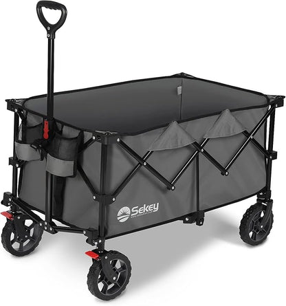 Sekey 220L Collapsible Foldable Wagon with 330lbs Weight Capacity, Heavy Duty Folding Wagon Cart with Big All-Terrain Wheels & Drink Holders (Grey)