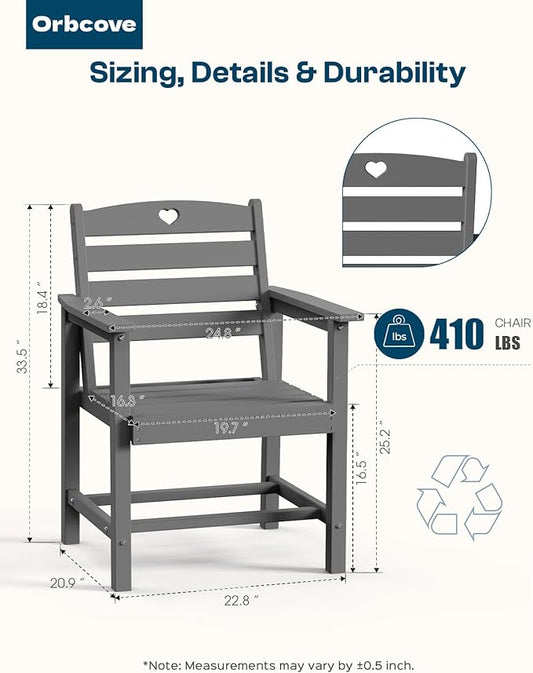 HDPE 2-Piece Outdoor Dining Chairs, Weather-Resistant Heart-Cutout Design Patio Dining Chairs, Outdoor Furniture for Lawn, Patio, Porch, Deck, Poolside, Yard (Grey)
