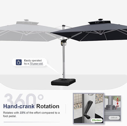 PURPLE LEAF 10 Feet Double Top Deluxe Solar Powered LED Square Patio Umbrella Offset Hanging Umbrella Outdoor Market Umbrella Garden Umbrella, Grey