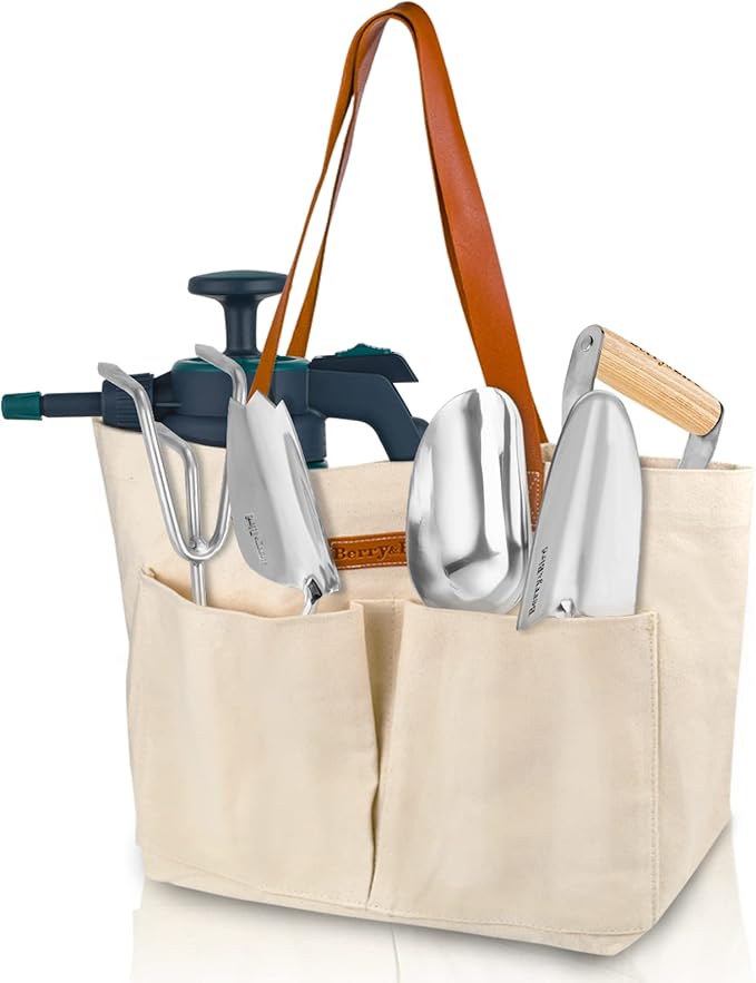 Berry&Bird Garden Tool Bag, Canvas Garden Tote With Pockets, Wear-Resistant Multi-Purpose Tool Storage Bag, Home Organizer Gardening Tool Kit for Indoor and Outdoor Gardening, 21.65" x 7.09" x 13.78"