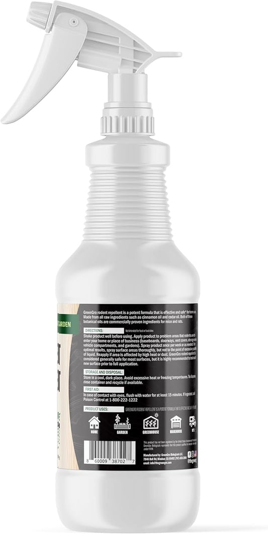 GreenGro Rodent Repellent Spray - Organic Cedar & Cinnamon Oil for Pest Control/Mice, Rat, Vole & Squirrel Repellent/Non-Toxic/Safe for Pets/Use for Home, Garden, Garage, RVs (16oz)