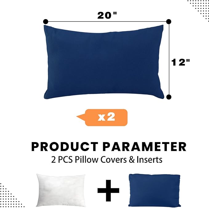 idee-home Outdoor Pillows with Inserts Included, Patio Outside Lumbar Pillows Waterproof Set of 2, 12 x 20 inch Navy Blue