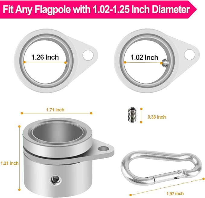 1.25" Flag Pole Rings, 2 Pcs Anti Wrap Flag Pole Clips Swivels, 360° Rotating Flagpole Mounting Rings, Aluminum Alloy Spinning Flag Pole Kit Parts for 1.02-1.25" Diameter (1.25 Inch, Silver)