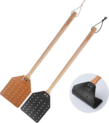 2 Pack Sturdy Leather Fly Swatter for Indoors - (19.7”)Long Handle Heavy Duty Wood Fly Swatter With Hanging Rope, Durable Fly Swatter for Outdoor Rustic Bug Swatter Flies,Mosquitoes And Bees