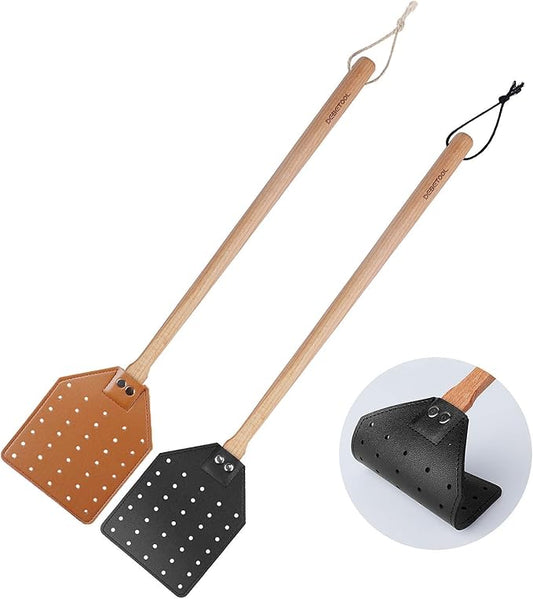 2 Pack Sturdy Leather Fly Swatter for Indoors - (19.7”)Long Handle Heavy Duty Wood Fly Swatter With Hanging Rope, Durable Fly Swatter for Outdoor Rustic Bug Swatter Flies,Mosquitoes And Bees