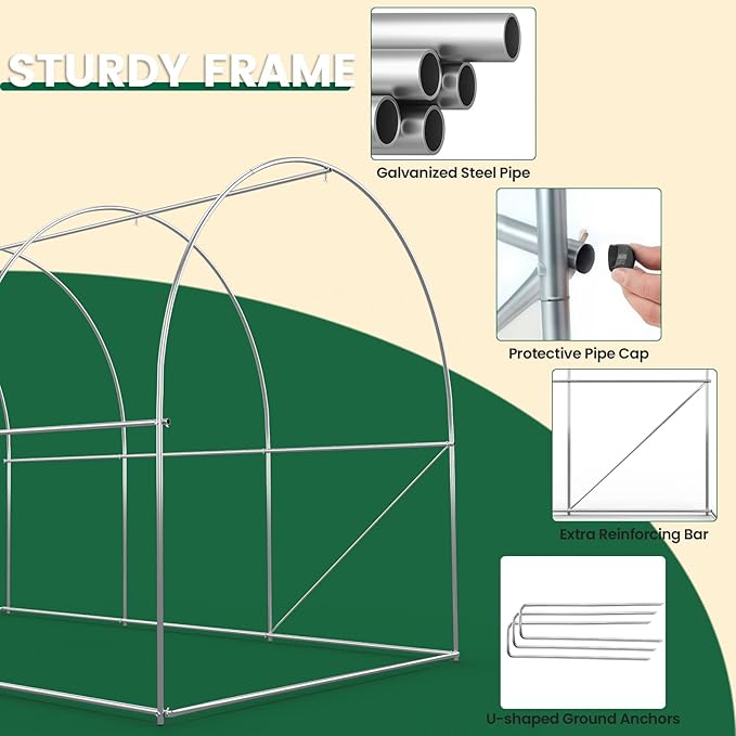 Walk-in Greenhouse 10×7×7FT, Outdoor Tunnel Greenhouse, Large Plant Hoop House for Outside, Hot House for Winter with 6 Ventilated Mesh Windows, Galvanized Steel Frame (Green, 10×7×7FT)
