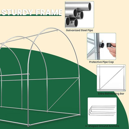 Walk-in Greenhouse 10×7×7FT, Outdoor Tunnel Greenhouse, Large Plant Hoop House for Outside, Hot House for Winter with 6 Ventilated Mesh Windows, Galvanized Steel Frame (Green, 10×7×7FT)