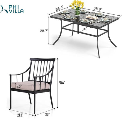 PHI VILLA 7 Piece Patio Dining Table Set with Cushion, Large Rectangular Metal Dining Table with Umbrella Hole & 6 Cushioned Iron Chairs for Outdoor, Deck, Yard