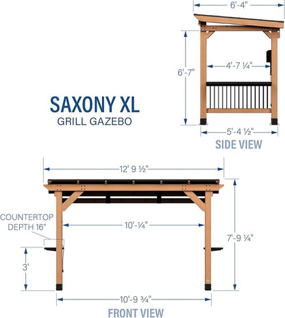 Backyard Discovery Saxony XL 12' x 6' Cedar Wood BBQ Grill Gazebo Pavilion with Hardtop Galvanized Steel Roof, Bar Tops, Powerport, Snow Support, Wind Resistance, Cook Station for Outdoor Patio, Deck