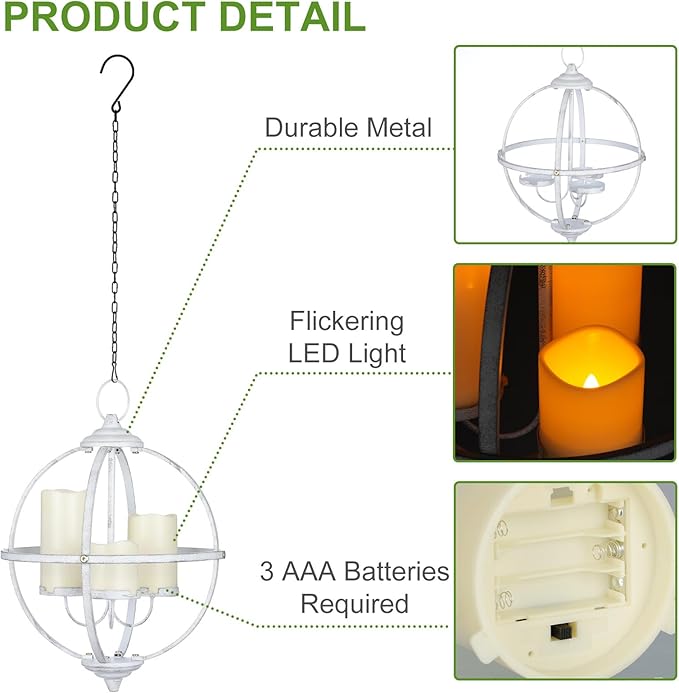 Battery Operated Outdoor Candle Chandelier - White Metal Globe Hanging Pendant Light with 3 Flameless Candles, 12.6" Waterproof Lights for Gazebo, Pergola, Garden, Porch & Backyard