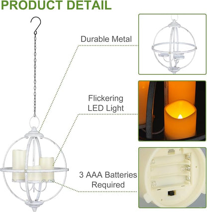Battery Operated Outdoor Candle Chandelier - White Metal Globe Hanging Pendant Light with 3 Flameless Candles, 12.6" Waterproof Lights for Gazebo, Pergola, Garden, Porch & Backyard