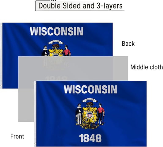 Bradford Wisconsin State Flag 3x5 Feet Outdoor, 3 Ply Polyester Double Sided Heavy Duty, WI Flag With 2 Brass Grommets for Outside House Long Lasting