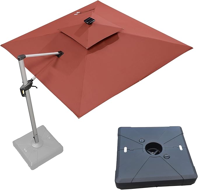 PURPLE LEAF 9 Feet Solar Powered LED Square Cantilever Umbrella With Base Patio Umbrellas Windproof Hanging Umbrella Outdoor Offset Umbrellas, Brick Red