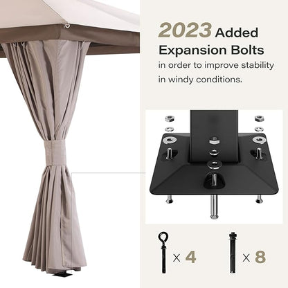 LAUSAINT HOME Outdoor Patio Gazebo 10'x10' with Expansion Bolts, Heavy Duty Party Tent & Shelter with Double Roofs, Mosquito Nettings and Privacy Screens for Backyard, Garden, Lawn, Khaki