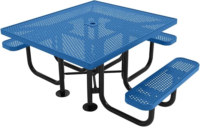 COATEDOUTDOORFURNITURE Heavy-Duty Portable ADA-Compliant Outdoor Picnic Table with Umbrella Hole, Punched Steel Patio Dining Furniture Made in America (46" Square Top, Textured Light Blue)
