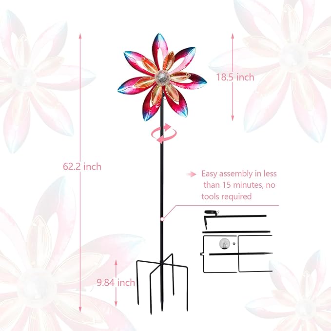 MUMTOP Wind Spinner Outdoor Large, 62 Inch Metal LED Solar Wind Sculptures Windmill for Yard Art, Garden Decor