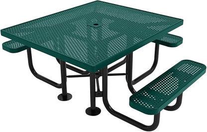 COATEDOUTDOORFURNITURE Heavy-Duty Portable ADA-Compliant Outdoor Picnic Table with Umbrella Hole, Punched Steel Patio Dining Furniture Made in America (46" Square Top, Textured Dark Green)