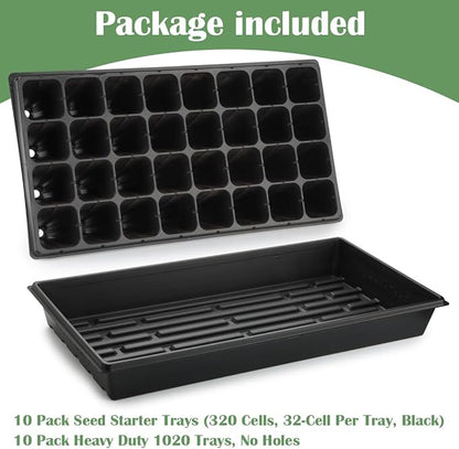 10 Pack 1020 Seedling Starter Trays with 10 Pack 32 Cell Plug Inserts Extra Deep 4.33" - Heavy Duty Plastic Nursery Trays for Seed Germination & Plant Propagation (10 Sets)