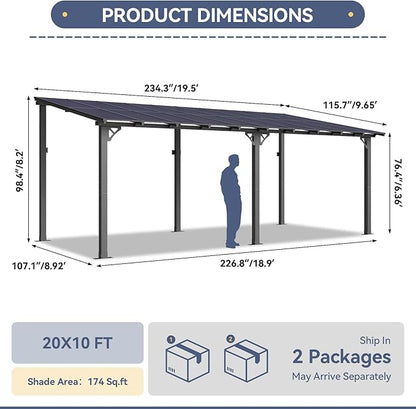 10x20FT Lean to Gazebo, Hardtop Metal Pergola with Polycarbonate Roof, Large Wall Mounted Heavy Duty Awnings, Patio Canopy for Backyard, Deck, Porch （Black）