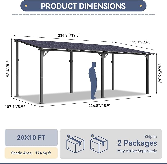 10x20FT Lean to Gazebo, Hardtop Metal Pergola with Polycarbonate Roof, Large Wall Mounted Heavy Duty Awnings, Patio Canopy for Backyard, Deck, Porch