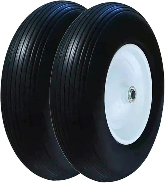 Set of 2 Wheelbarrow Tire 4.80/4.00-8 Flat-Free with 3/4 & 5/8 Wheel Bearing, 3-6" Hub 16" Solid Rubber Wheel Barrel Tires Non-Slip for Yard Cart Garden Wagon (Black)