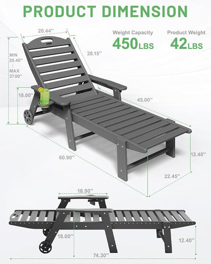 Modern Grey Polypropylene Lounge Chair Outdoor, 6-Position Adjustable Chaise Lounge with Wheels, Cup Holder, for Pool, Patio, Backyard