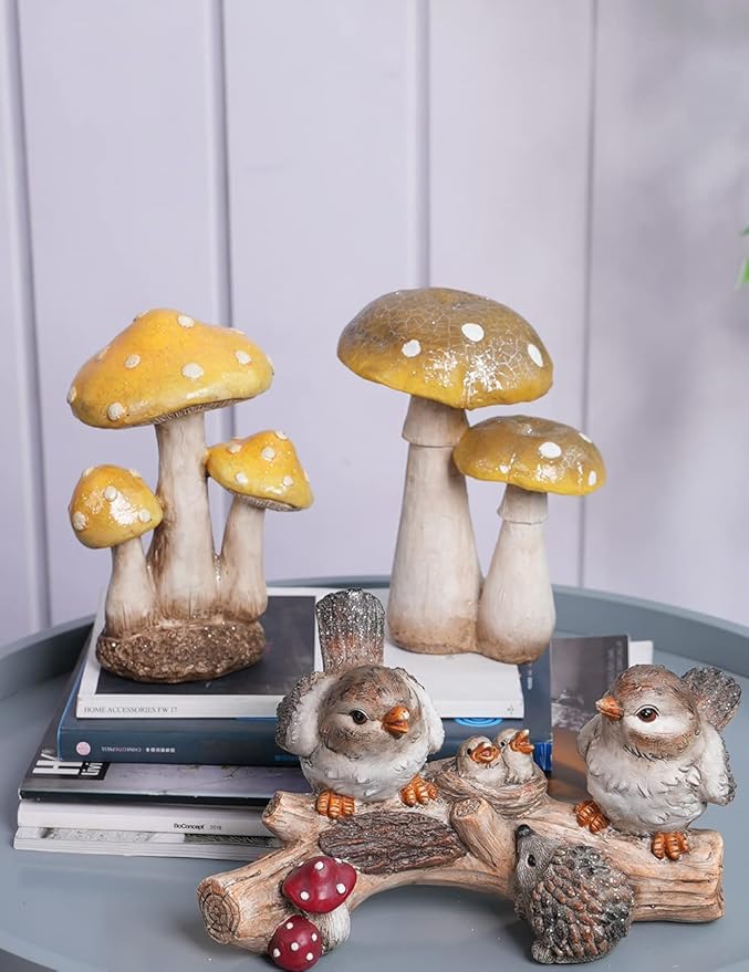 SEINHIJO Mushroom Decor Sculpture Garden Gifts Statue Outdoor Fairy Figurine Modern Patio Arts Polyresin 7.1inch