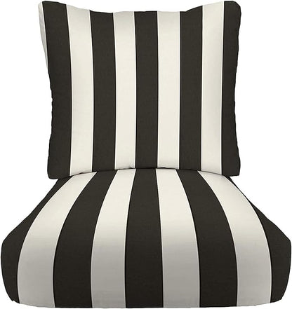RSH DECOR Deep Seating Cushion with Pillow Back | 24” x 26” x 5" Seat | Water and Fade-Resistant Spun Fabric | Made in USA | Outdoor Chair Cushion Set for Patio Furniture (Black & White Stripe)