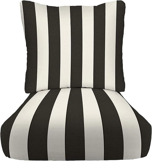 RSH DECOR Deep Seating Cushion with Pillow Back | 24” x 26” x 5" Seat | Water and Fade-Resistant Spun Fabric | Made in USA | Outdoor Chair Cushion Set for Patio Furniture (Black & White Stripe)