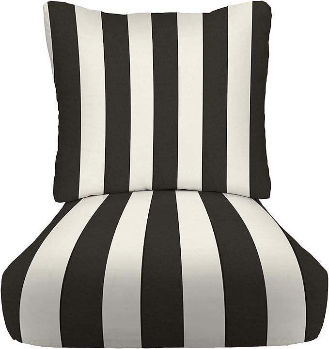 RSH DECOR Deep Seating Cushion with Pillow Back | 23.5” x 25” x 5" Seat | Water and Fade-Resistant Spun Fabric | Made in USA | Outdoor Chair Cushion Set for Patio Furniture (Black & White Stripe)