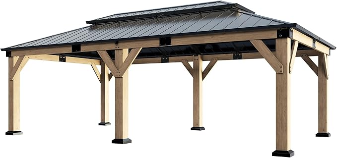 AMERLIFE 12x20 ft Hardtop Gazebo, Spruce Wood Gazebo with Iron Double Roof, Outdoor Pergola with Wood Frame for Garden, Porch, Patio, Charcoal Gray + Brown Gray