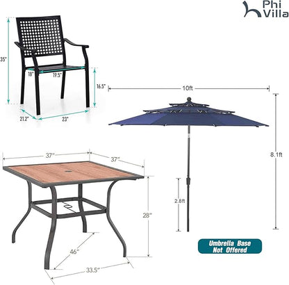 PHI VILLA 5 Pieces Patio Dining Set for 4 with 10ft Patio Umbrella, Metal Outdoor Stackable Wrought Iron Chair Set of 4 & 37" Metal Wood-Like Dining Table,3 Tier Vented Market Table Beige Umbrella