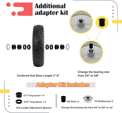 2-Pack 4.80-8 Wheelbarrow Tire and wheel with 3"-6''Centered Hub, 3/4" or 5/8''or 1/2'' Bearings, 16‘’ Tire Assembly for Hand Truck,Garden Cart (4.80/4.00-8 Flat Free,3"Center Hub,Knobby Tread)