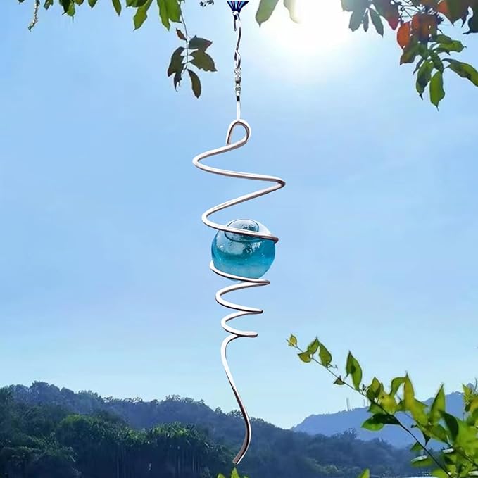 Gazing Ball Spiral Tail Wind Spinner Stabilizer, Garden Decorations Stainless Steel Metal with Hook & Wathet Crystal Glass Orb Outdoor Hanging Decor Kinetic Yard 3D Swivel Art Sun Catchers