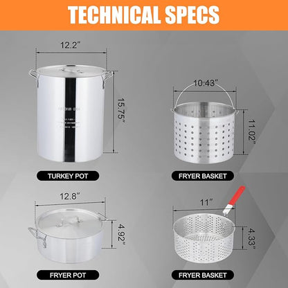 Outvita 30Qt Turkey Deep Fryer & 10QT Fish Fryer Kit w/Baskets, Aluminum Fish & Seafood Boiler Steamer with 55,000 BTU Propane Gas Burner & Additional Prep Table, Ideal for Outdoor Fry