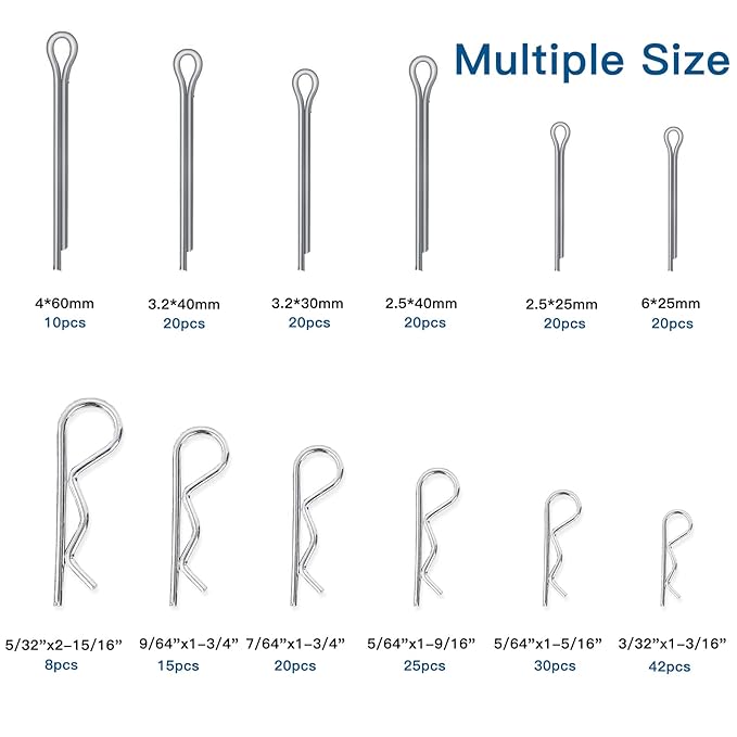 Boatsea 250Pcs Cotter Pin Assortment Kit R Clips Spring Retaining Hair Pins Assortment Kit, Including 6 Sizes 110PCS Cotter Pins and 6 Sizes 140PCS Hairpin Pins, Zinc-Plated